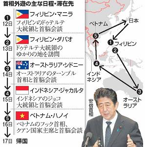 首相外遊の主な日程・滞在先の表と地図