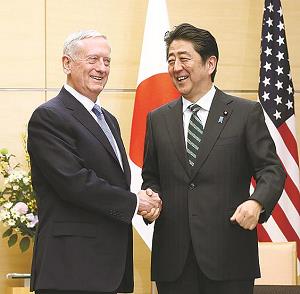 安倍晋三首相とジェームズ・マティス国防長官が握手をしている写真