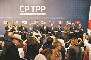 TPP11に署名した各国代表が手をつないでいる写真