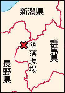 防災ヘリが墜落した位置を示す地図。長野県と群馬県の境