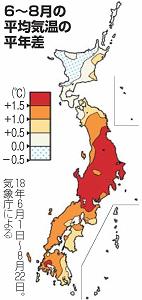６～８月の平均気温の平年差を表した日本地図