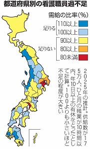 都道府県別の看護職員過不足を需給の比率ごとに色分けした画像